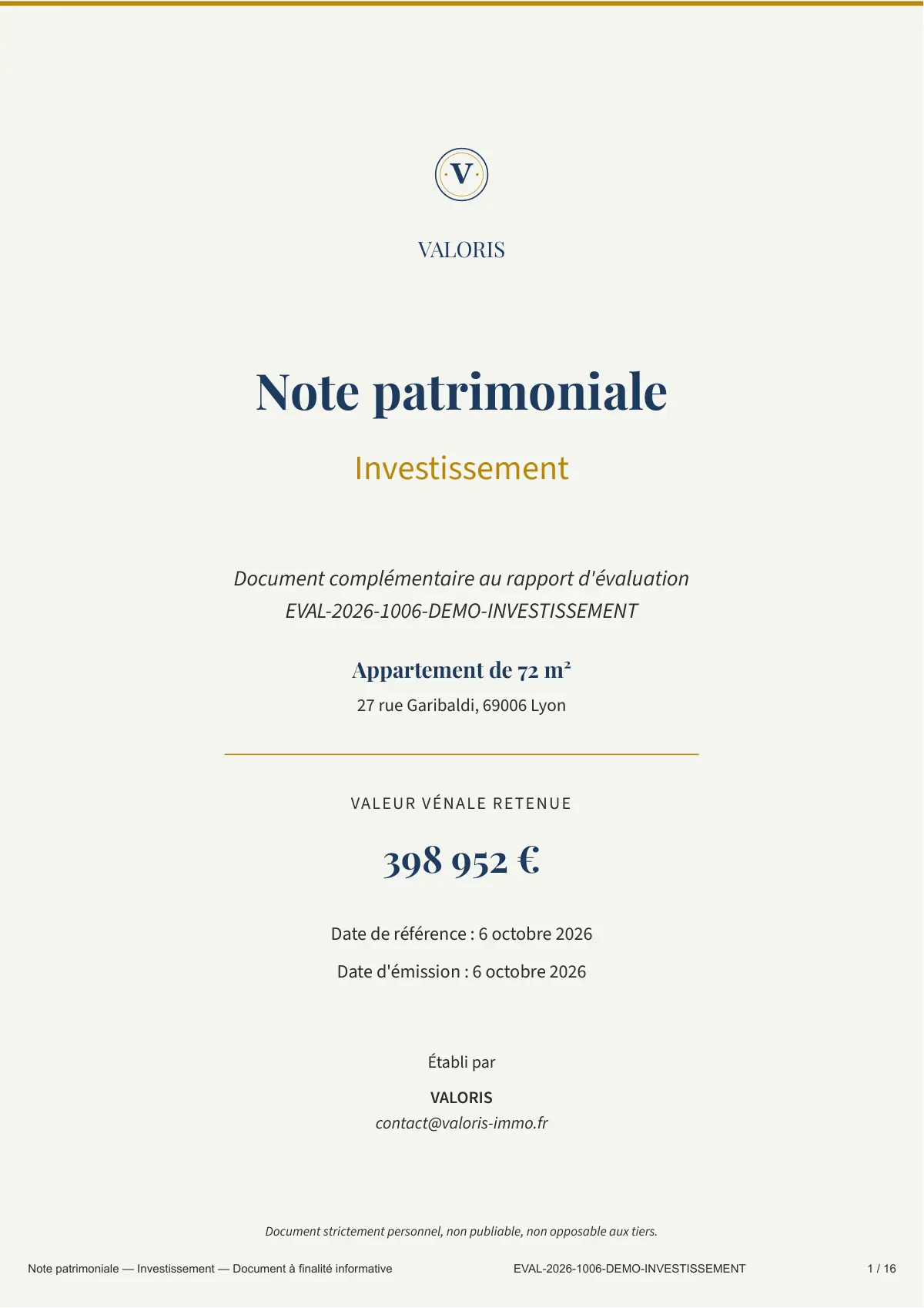 Exemple de note de rendement locatif — Page de garde