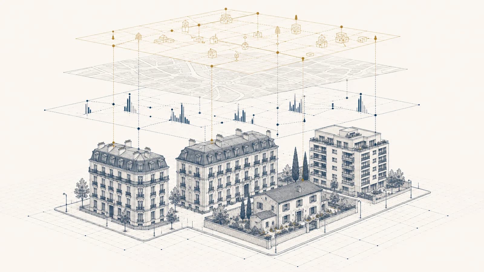 Schéma isométrique d'un quartier français résidentiel avec trois couches de données superposées illustrant le croisement des sources officielles